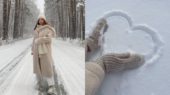 Woman in winter attire walks on snowy road; gloved hands draw heart shape in the snow. Cozy winter scene.