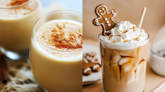 Festive eggnog and gingerbread latte with whipped cream and cookie garnish, perfect for the holiday season.