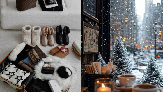 Cozy winter essentials on a sofa and a snowy cityscape with coffee outside a café, capturing holiday vibes.