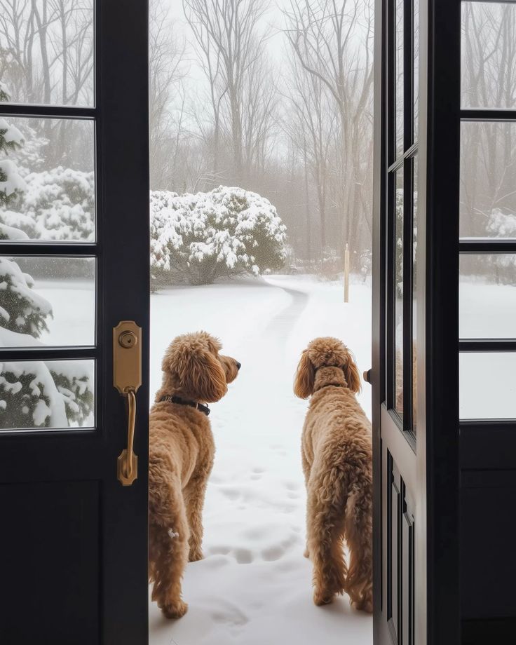 Two dogs stand by an open door, looking at a snowy winter landscape outside.