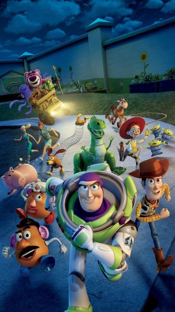 Characters from an animated movie on an adventure, featuring toys like a cowboy and spaceman in a colorful scene.