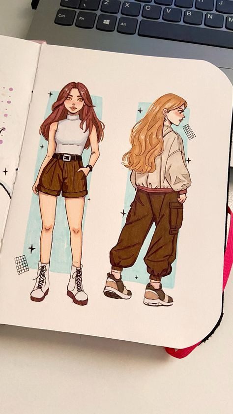 Illustrated fashion sketches of two stylish women in casual outfits, standing side by side with unique hairstyles and accessories.