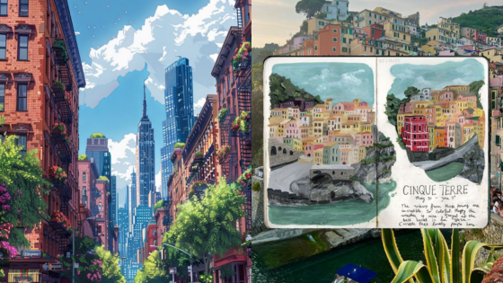 Colorful illustration of urban and coastal landscapes with skyscrapers and hand-drawn Cinque Terre sketchbook.