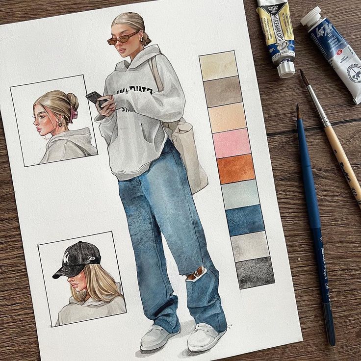 Fashion illustration of a woman in casual attire with color swatches and art supplies in the background.