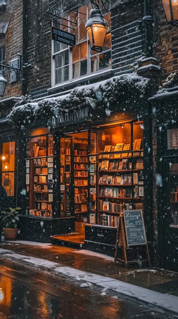 Cozy bookstore entrance on a snowy evening, warm lights glowing, inviting atmosphere for book lovers.