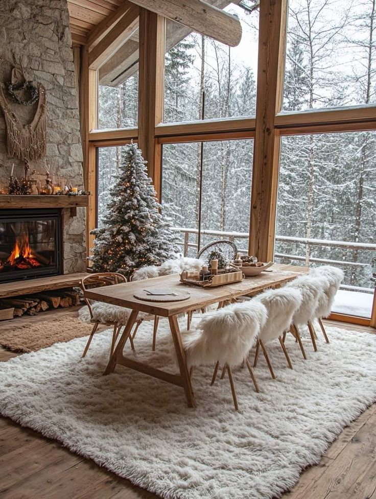 Cozy cabin dining room with fireplace, wooden table, fluffy chairs, and snowy forest view through large windows.