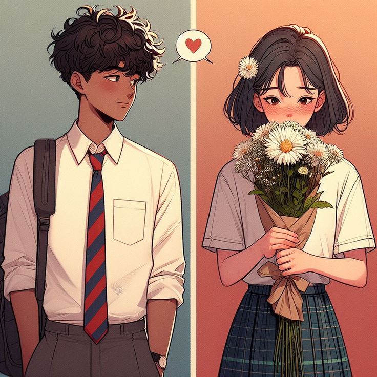 Anime couple with heart speech bubble, boy in uniform, girl holding daisies, split background.