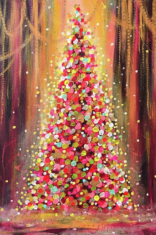 Vibrant Christmas tree painting with colorful ornaments and glowing lights on a warm, festive background.