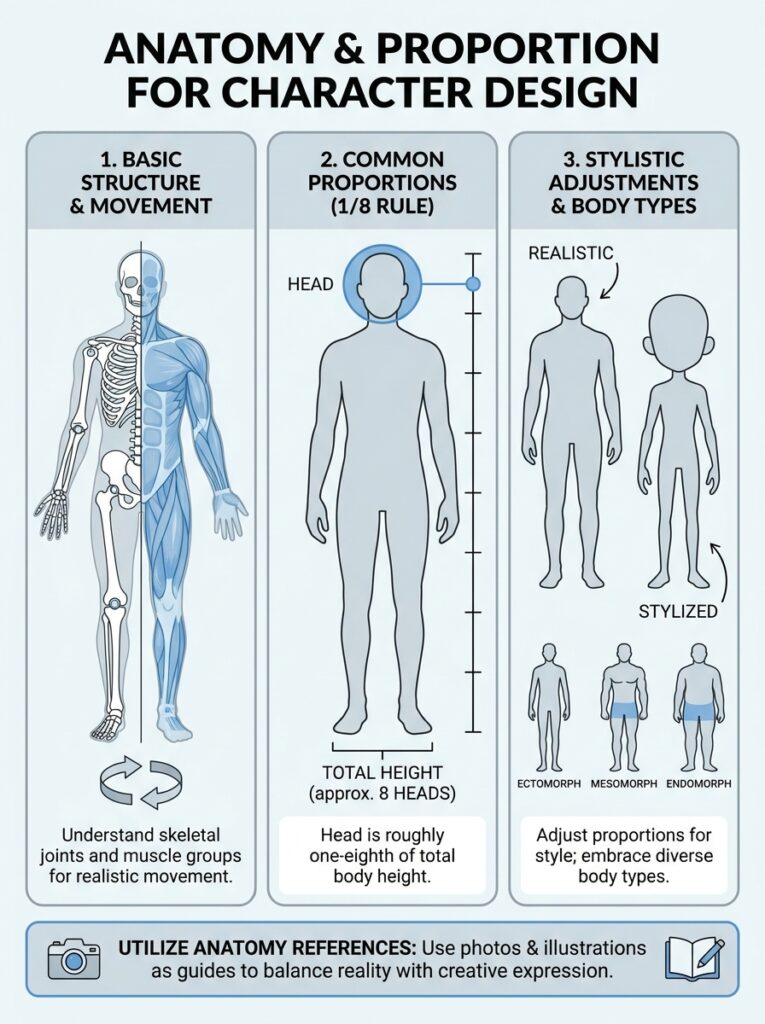 Infographic showing anatomy and proportions for character design: basic structure, head-to-body ratio, and body type variations (realistic, ectomorph/mesomorph/endomorph).