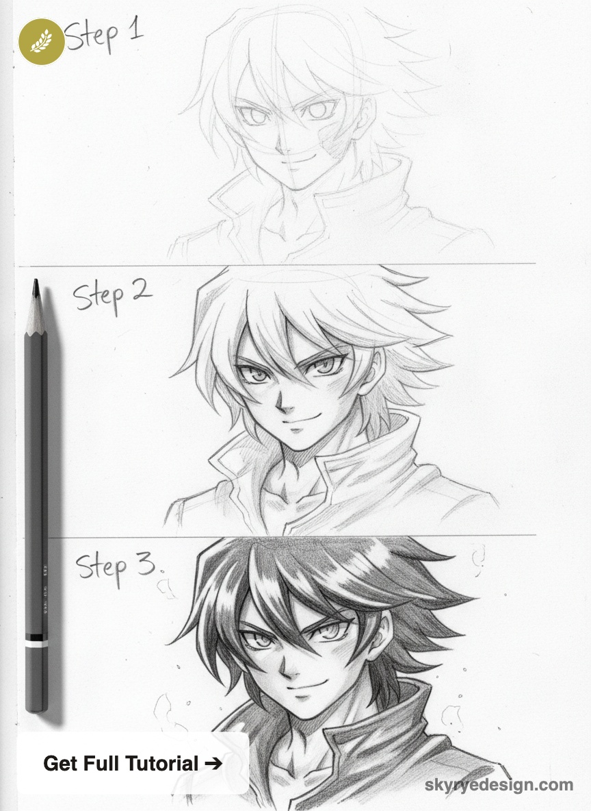 Step-by-step anime character drawing tutorial: pencil sketch to detailed shaded male portrait with pencil prop