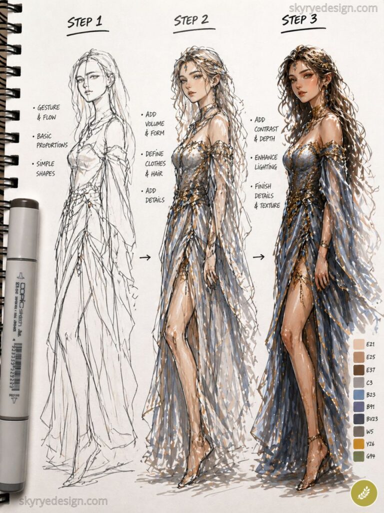 Step-by-step fashion illustration tutorial: sketch to finished colored fantasy woman in flowing blue, gold-trimmed gown with color swatches.