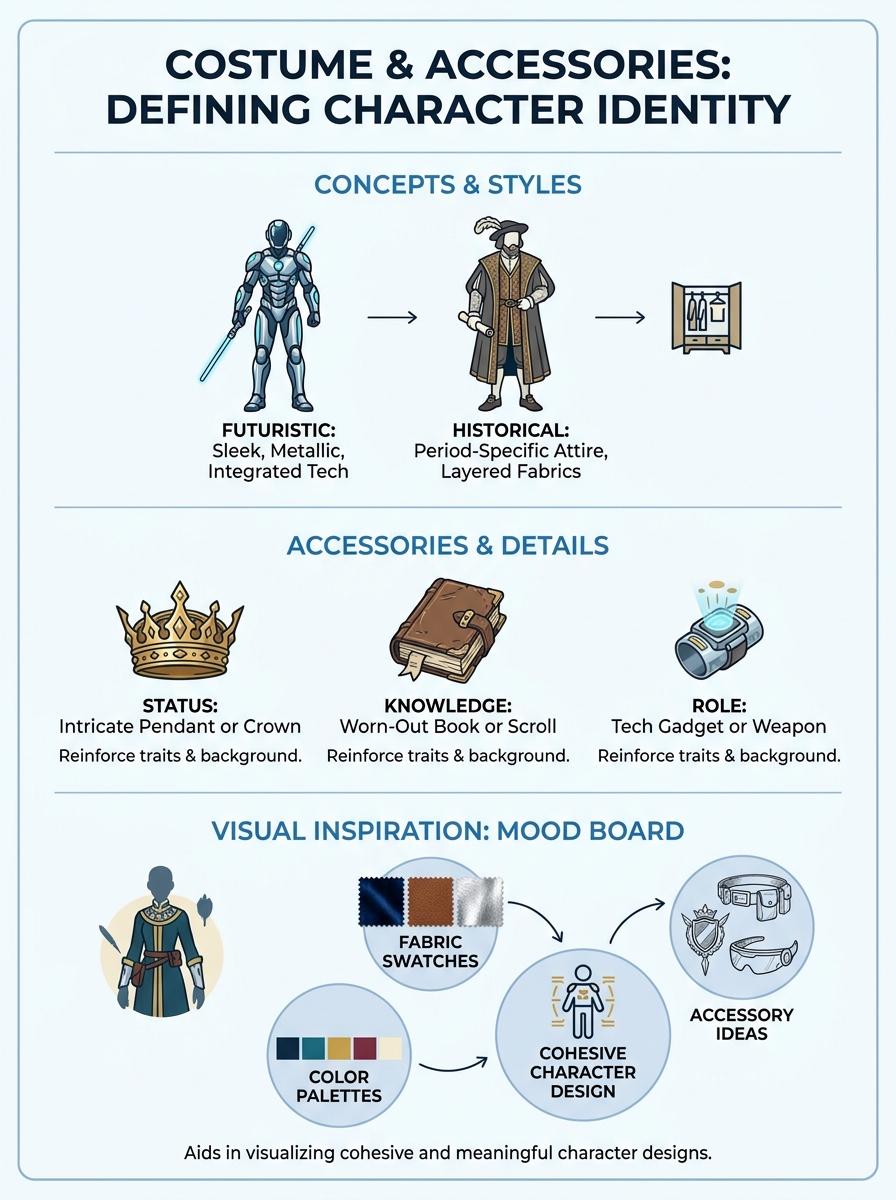Infographic: costume & accessories defining character identity — styles, status items, knowledge props, mood board.