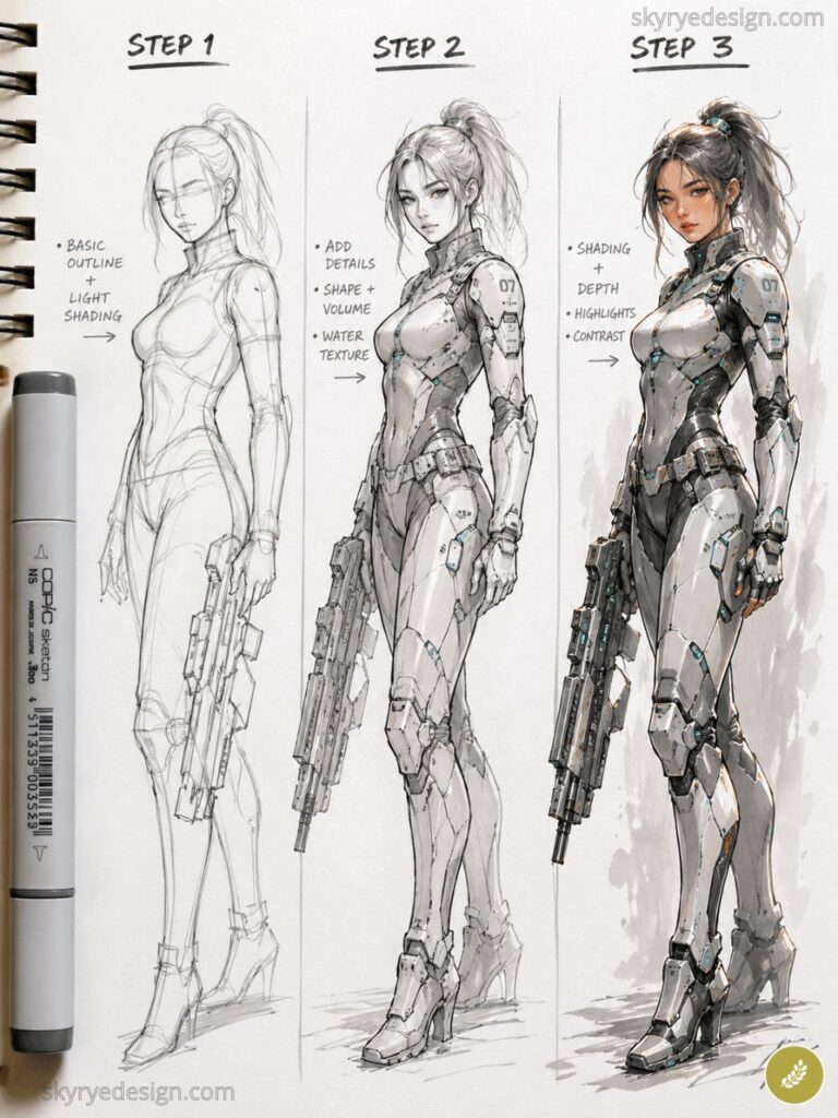 Three-step concept art progression of a female sci-fi soldier in armored exosuit holding a rifle — sketch to full rendered.