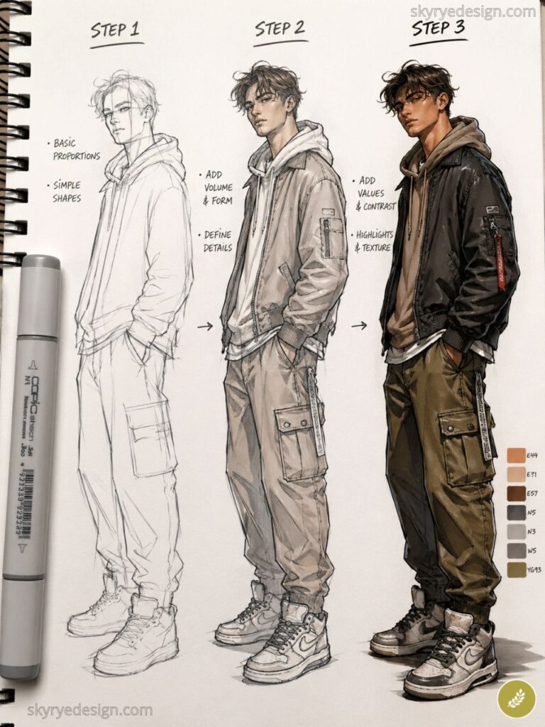 3-step character design tutorial: sketch to full-color of young man in hoodie, bomber jacket, cargo pants, sneakers