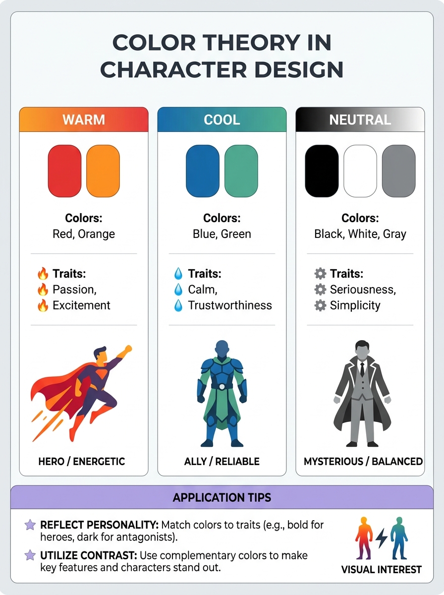 Color theory in character design: warm (red, orange), cool (blue, green), neutral (black, white, gray) with traits and tips