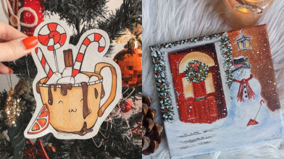 Festive holiday art: cocoa illustration with candy canes and a painting of a snowy house entrance with a snowman.