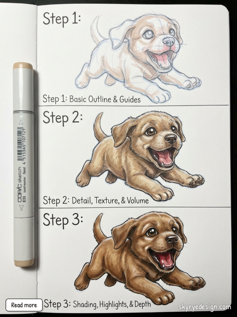 Three-step illustrated tutorial of a joyful cartoon puppy: outline, detailed coloring, and final shaded, highlighted version with Copic marker