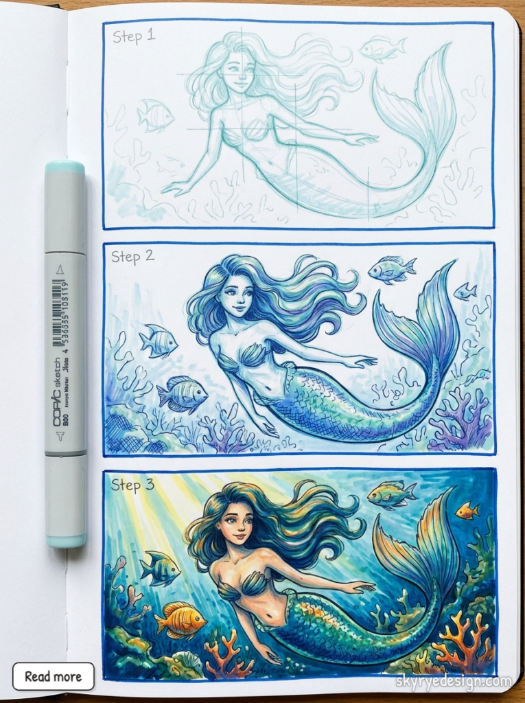 Step-by-step mermaid drawing in a sketchbook: pencil sketch, inked blue stage, and final full-color underwater painting with fish and corals