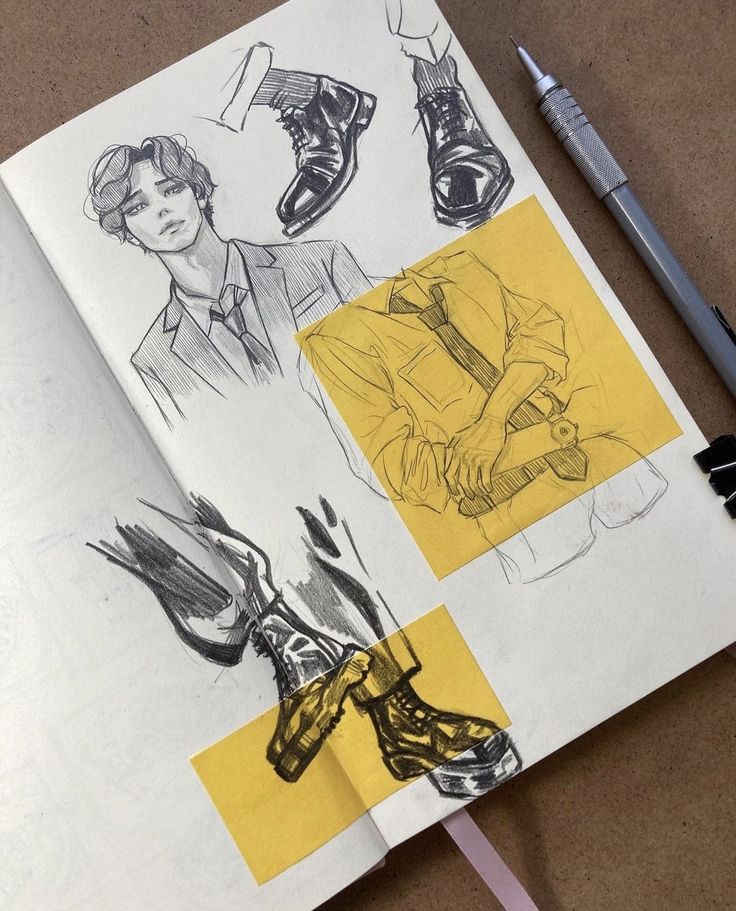 Sketchbook illustrations of stylish shoes and a person in a suit, featuring sketches on a wooden table with a mechanical pencil.