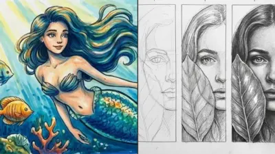 Split image: colorful mermaid illustration underwater with fish and coral; three-panel pencil portrait sketch progression with leaf.