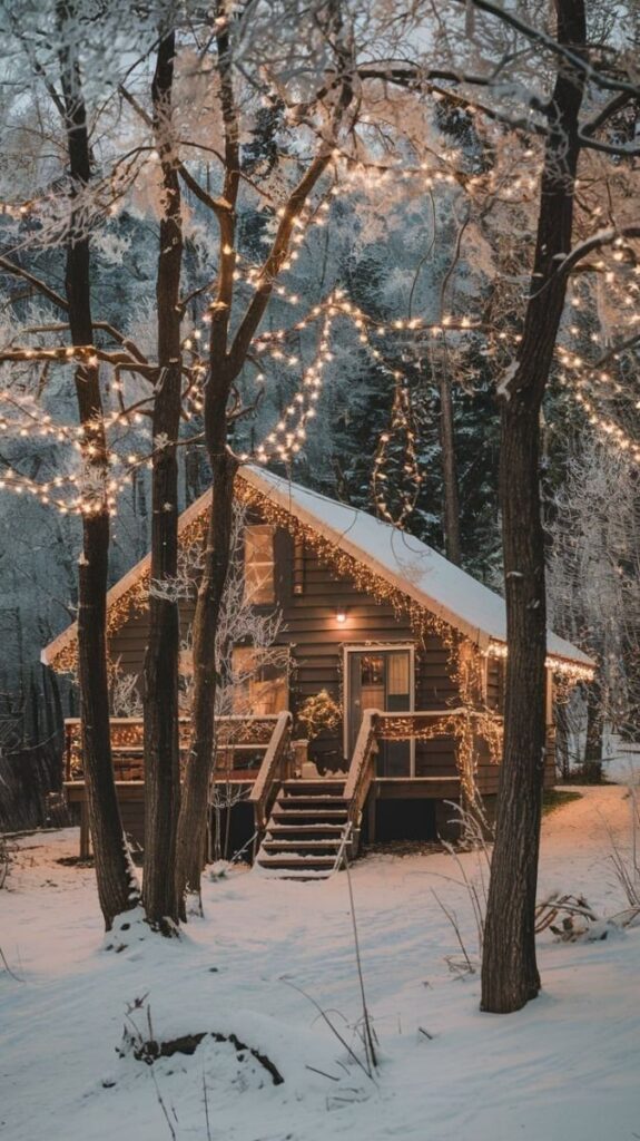 Cozy cabin in snowy forest with twinkling holiday lights, creating a warm winter wonderland atmosphere.