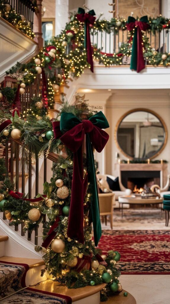 Festive staircase adorned with lush garlands, ornaments, and bows in elegant holiday decor.