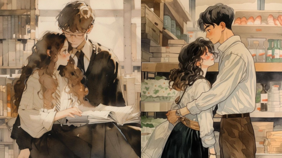 Anime romantic couple reading and embracing in a cozy library and store setting, surrounded by books and shelves.