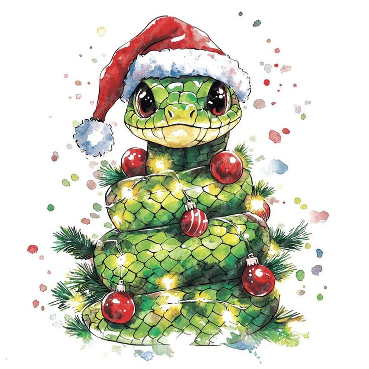 Festive snake wearing Santa hat, decorated with Christmas lights and ornaments, watercolor illustration.