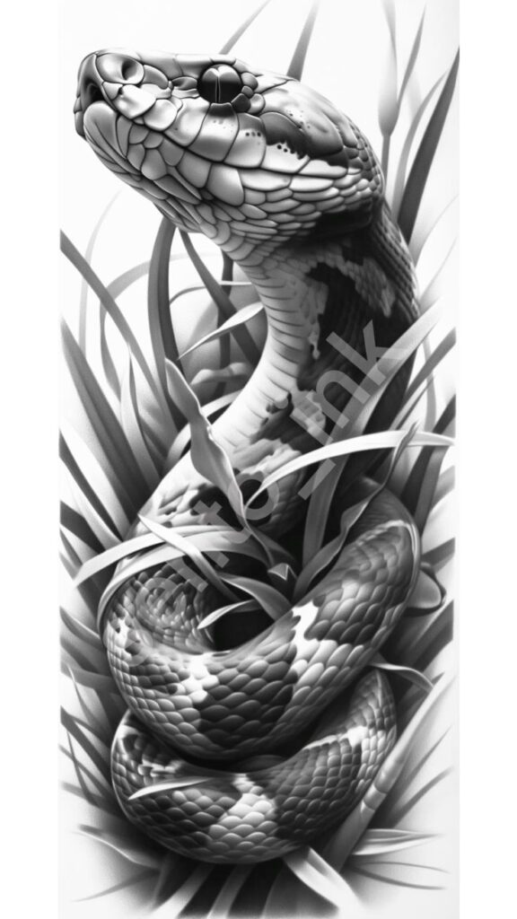 Black and white illustration of a coiled snake in grass, showcasing detailed scales and texture.