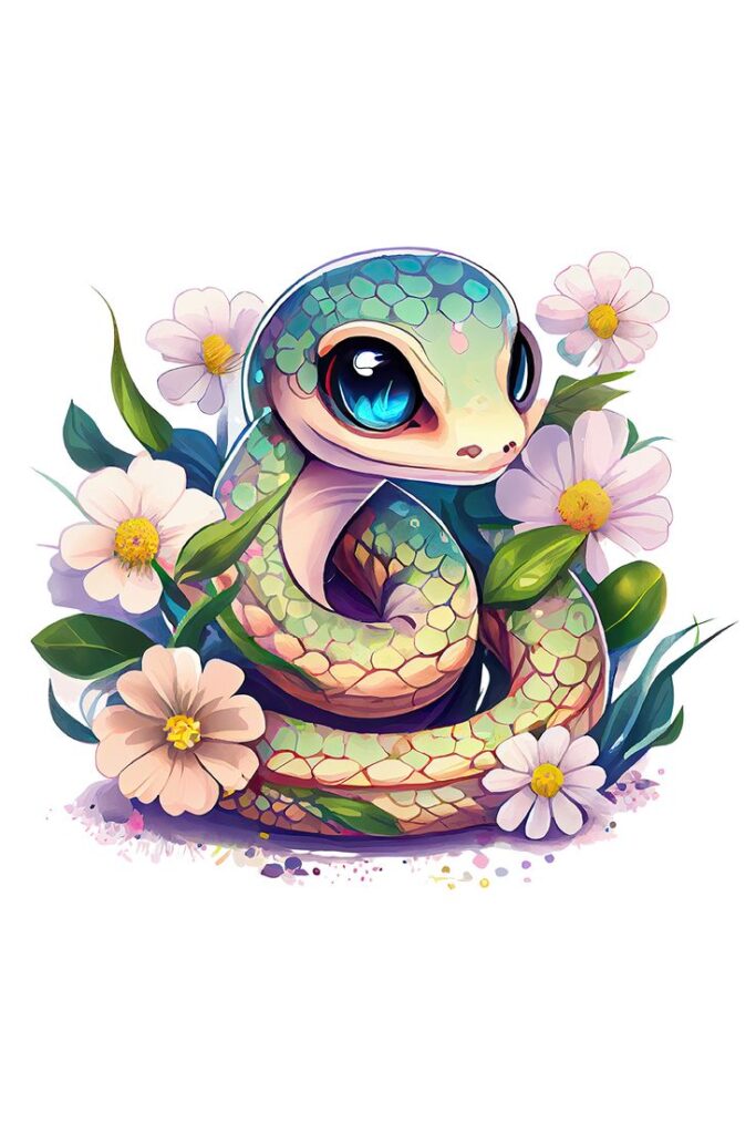 Cute cartoon snake with colorful scales and big eyes surrounded by daisies and leaves on a white background.