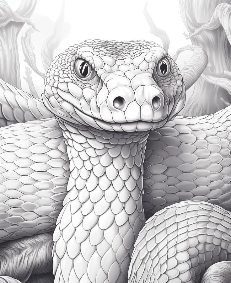 Close-up of a detailed, monochrome reptilian creature with scales, gazing directly at the viewer.