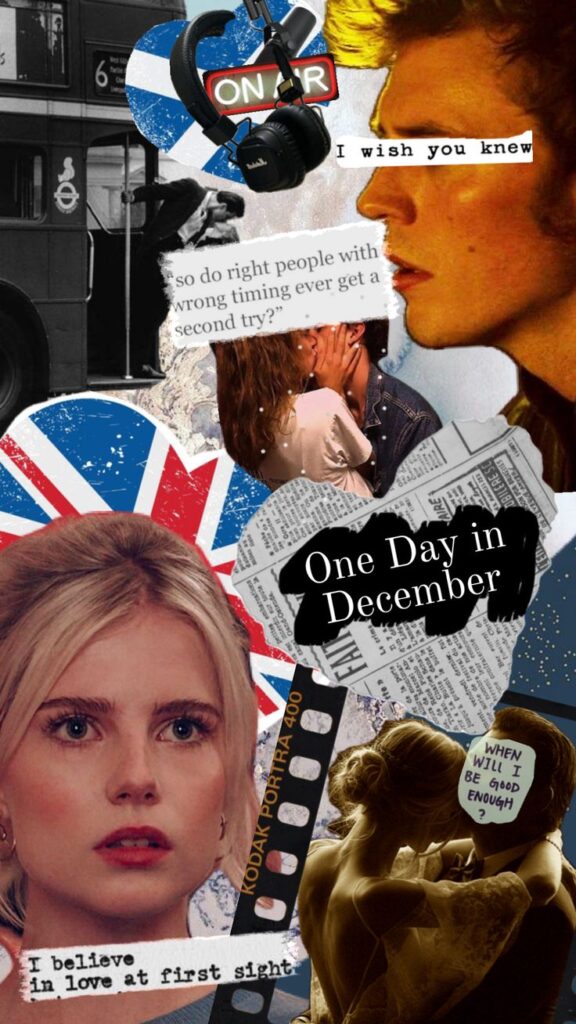 Romantic collage with British motifs, quotes, and a couple kissing; inspired by One Day in December.