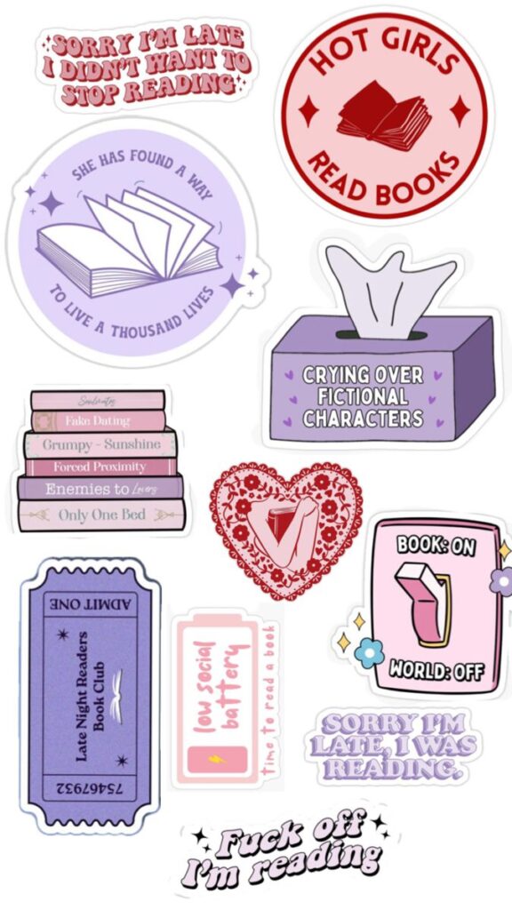 Colorful book-themed stickers with phrases about reading and fictional characters. Perfect for book lovers.