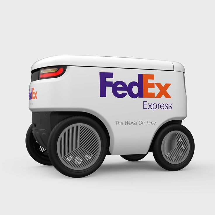 FedEx Express delivery robot with branding, showcasing futuristic autonomous technology on wheels.