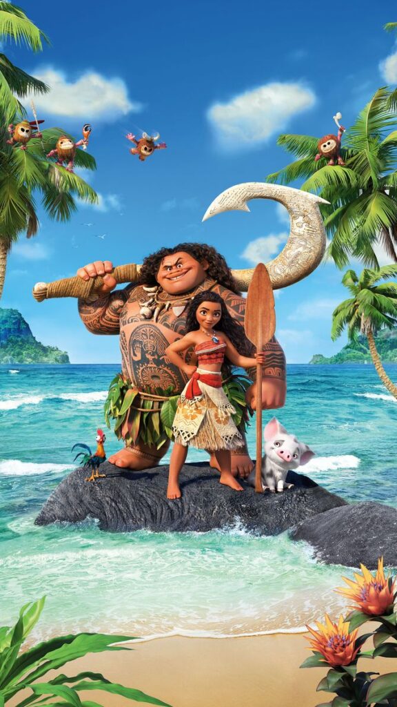 Animated adventure duo with island backdrop, holding tools, accompanied by animals on a tropical beach scene.