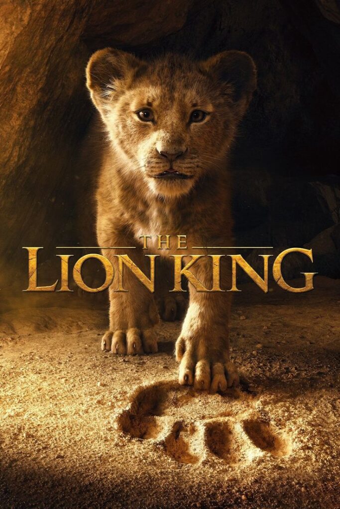 Young lion cub stands near bold footprint in sand, under The Lion King title in earthy, cinematic setting.