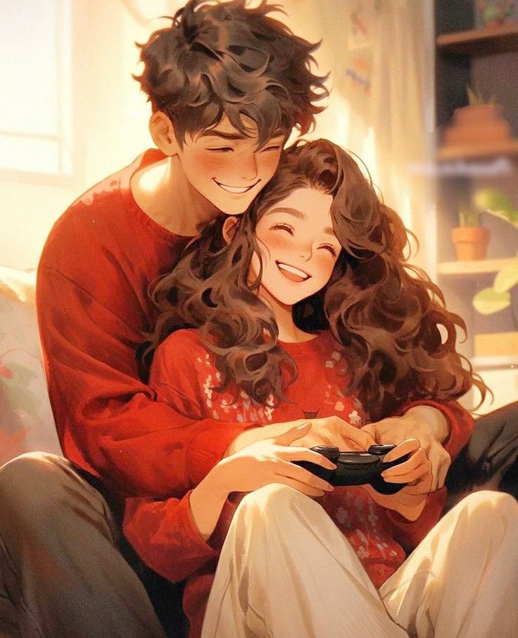 Couple enjoying a cozy gaming session together, smiling and playing a video game in a warmly lit room.