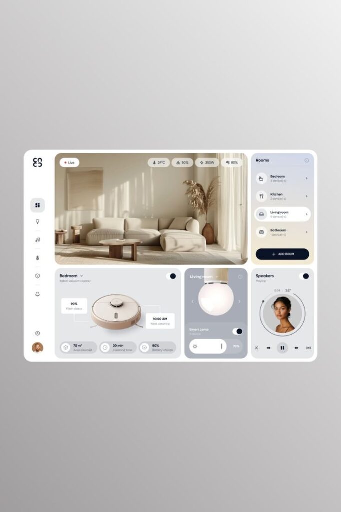 Smart home control interface showcasing living room settings, smart devices, and speaker controls.