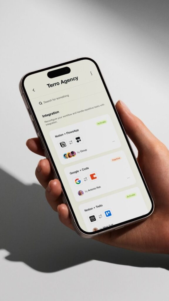 Smartphone displaying Terro Agency app integrations with Notion, FlowsApp, Google, Coda, and Trello.