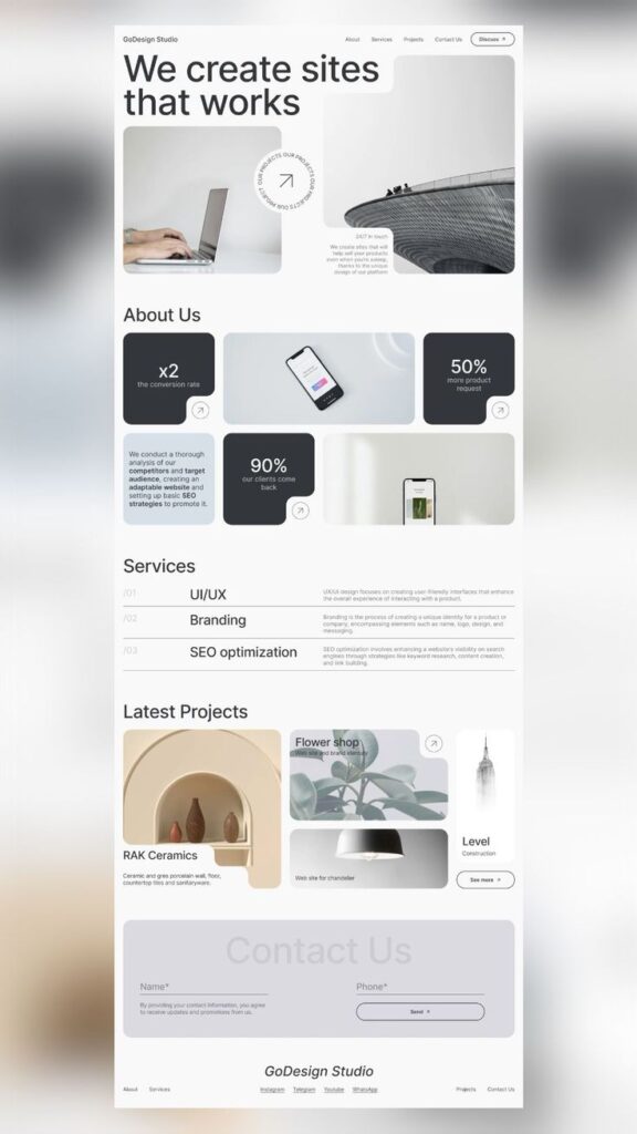 Web design agency homepage showcasing services in UI/UX, branding, and SEO. Features projects and contact form.