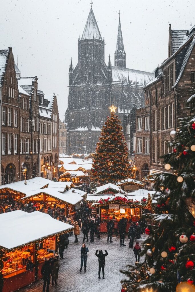 Snowy Christmas market with festive tree and cathedral backdrop, bustling with visitors and holiday lights.