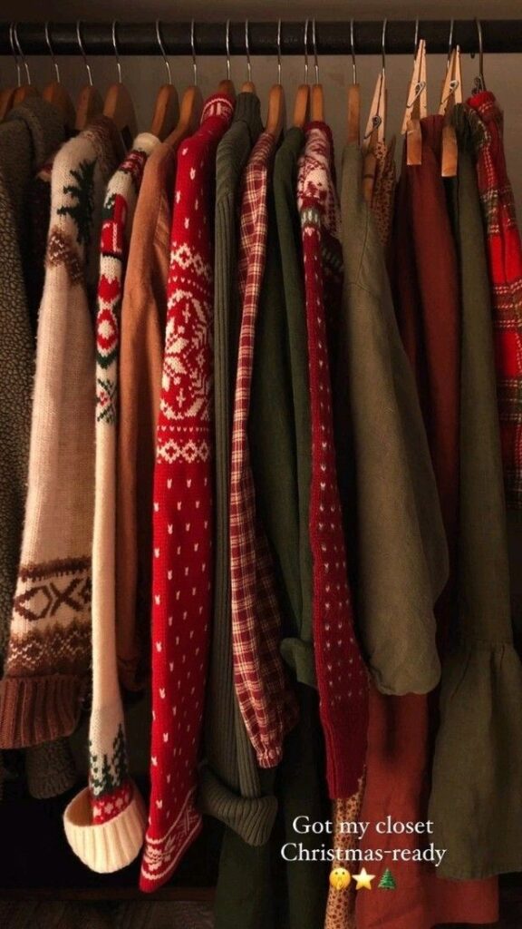 Festive closet with Christmas sweaters and cozy knits in red, green, and beige, ready for the holidays.