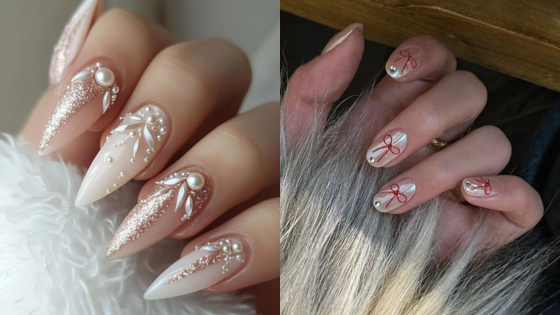 Elegant nail art with pearls and glitter on one hand, red bows on white nails on the other, showcasing creative manicure designs.