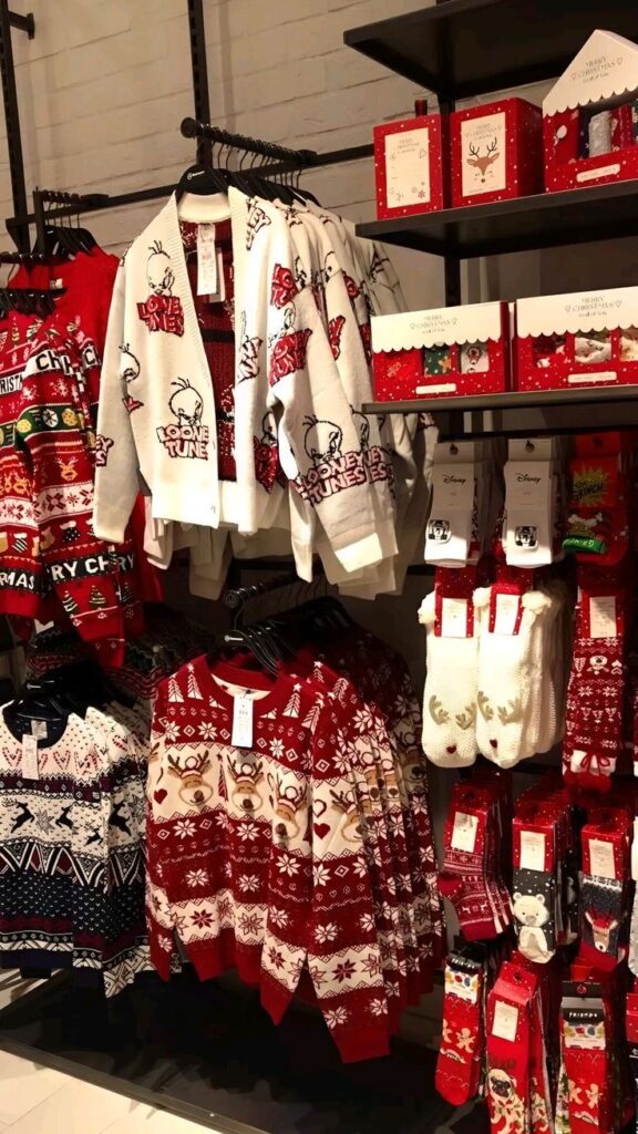 Holiday-themed sweaters and accessories display with festive designs and patterns in a store setting.