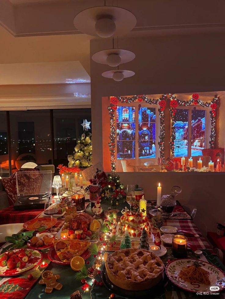 Festive Christmas dinner table with holiday decorations, candles, and a decorated tree, creating a cozy holiday ambiance.