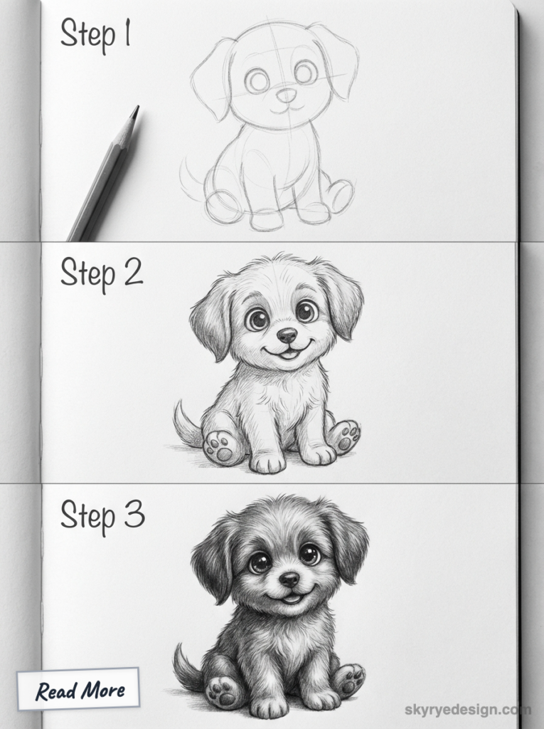 Three-step pencil drawing tutorial: cute sitting puppy progressing from basic sketch to refined, shaded illustration.