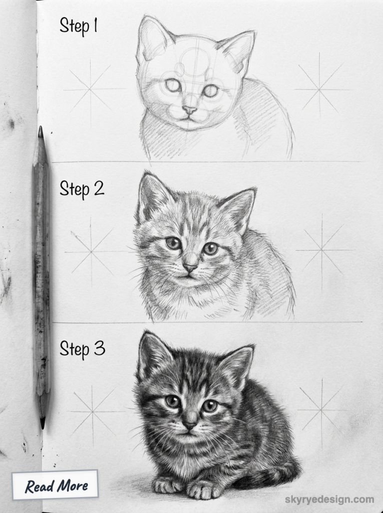 3-step pencil drawing tutorial: realistic kitten sketch to detailed fur and final shaded kitten, step-by-step pencil art guide