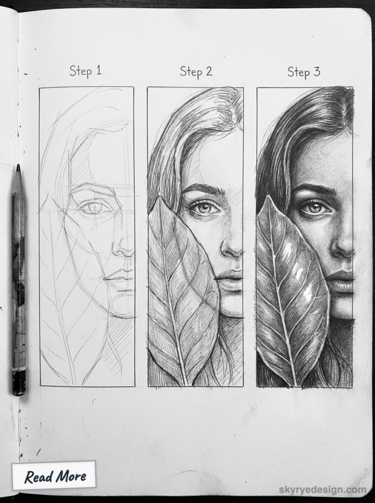 Step-by-step pencil portrait: three-panel sketch showing a woman's face partly hidden by a large leaf, art tutorial