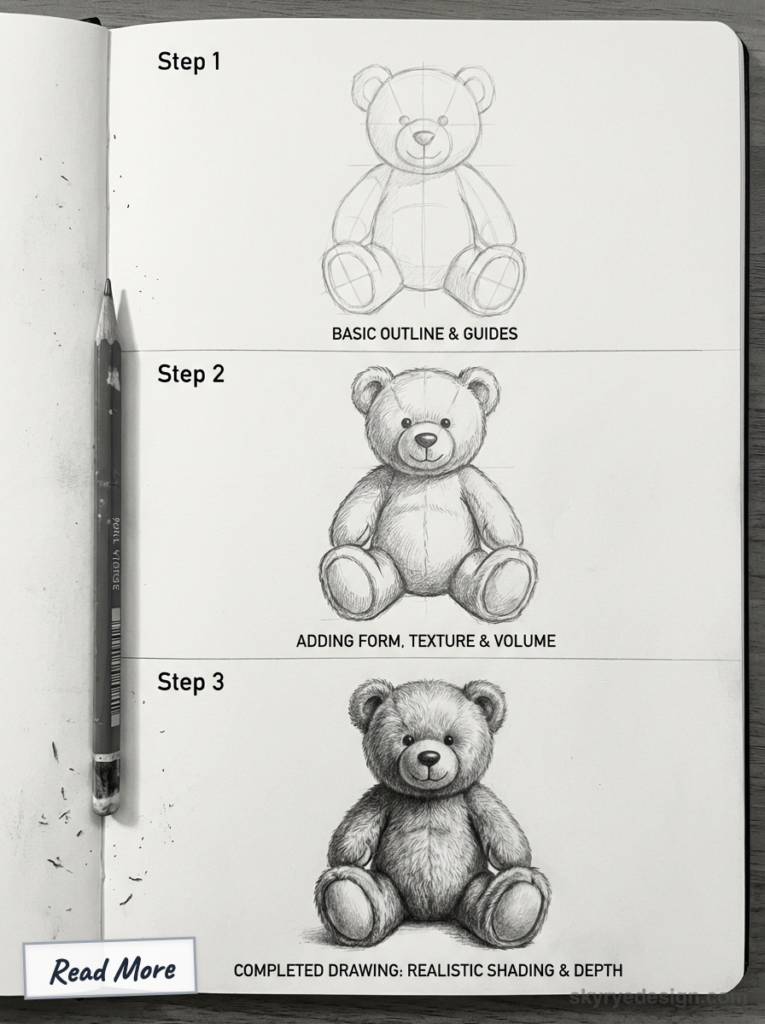 Teddy bear pencil drawing tutorial: Step 1 outline, Step 2 add form/texture, Step 3 completed realistic shaded teddy sketch.