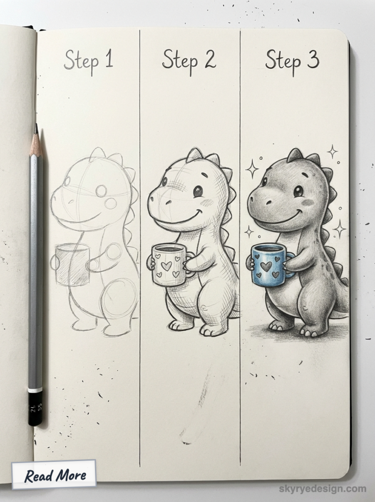 Step-by-step pencil illustration: cute dinosaur holding a heart mug shown in three stages — rough sketch, refined drawing, shaded final.